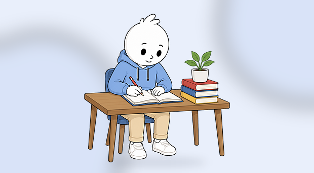Milo at a desk at night with a tangled thought bubble