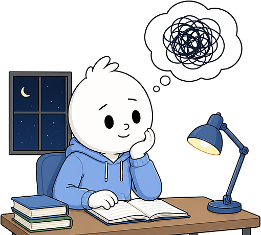 Milo writing in a notebook beside a stack of books