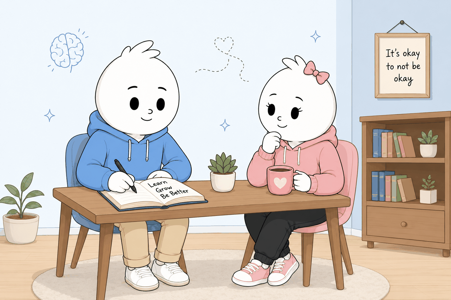 Milo and Mira at a desk, writing and reflecting together