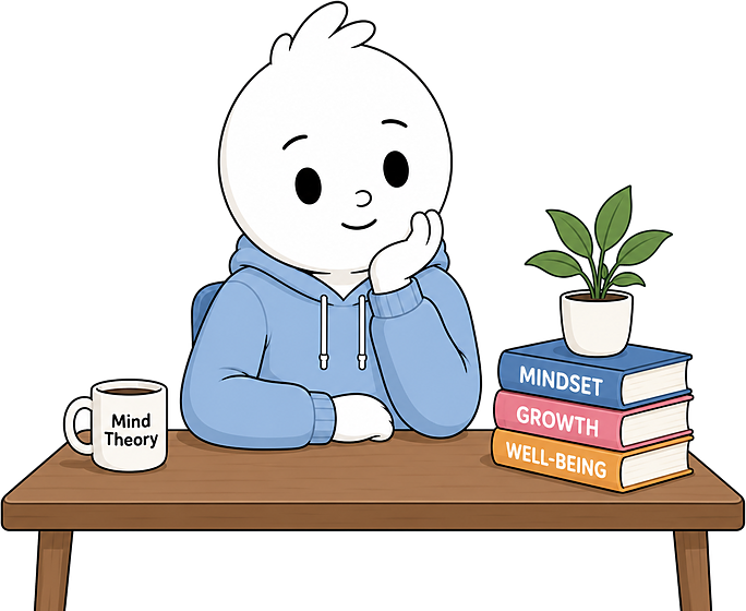Milo sitting with a mug and a stack of books