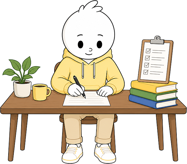 Theo filling in a worksheet at a desk